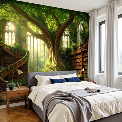 Peel and Stick Wallpaper Library Giant Tree Sunlit Windows Greenery Bookworm Wall Murals 100"H x 144"W Removable PVC Wall Paper Self-Adhesive Wall Paintings Art Decor for Bedroom Living Room