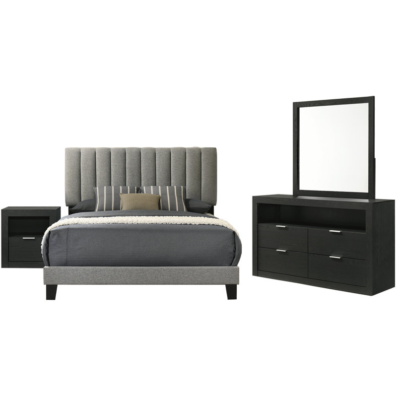 4-Pieces Bedroom Sets, 4 Pcs: Bed, Nightstand, Dresser, Mirror, Black, King