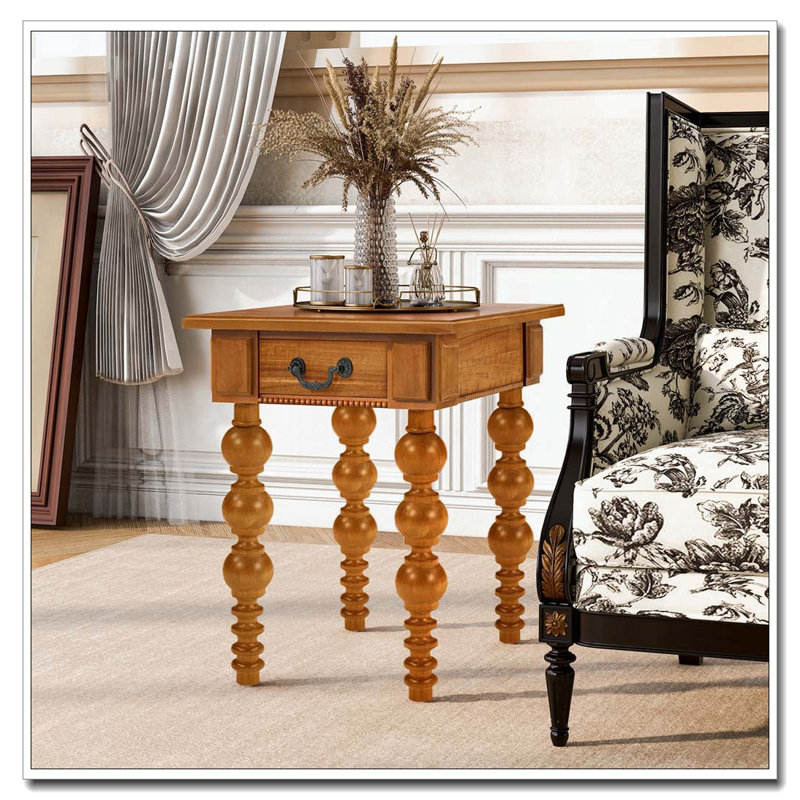 Solid Wood End Table with Drawer, Natural