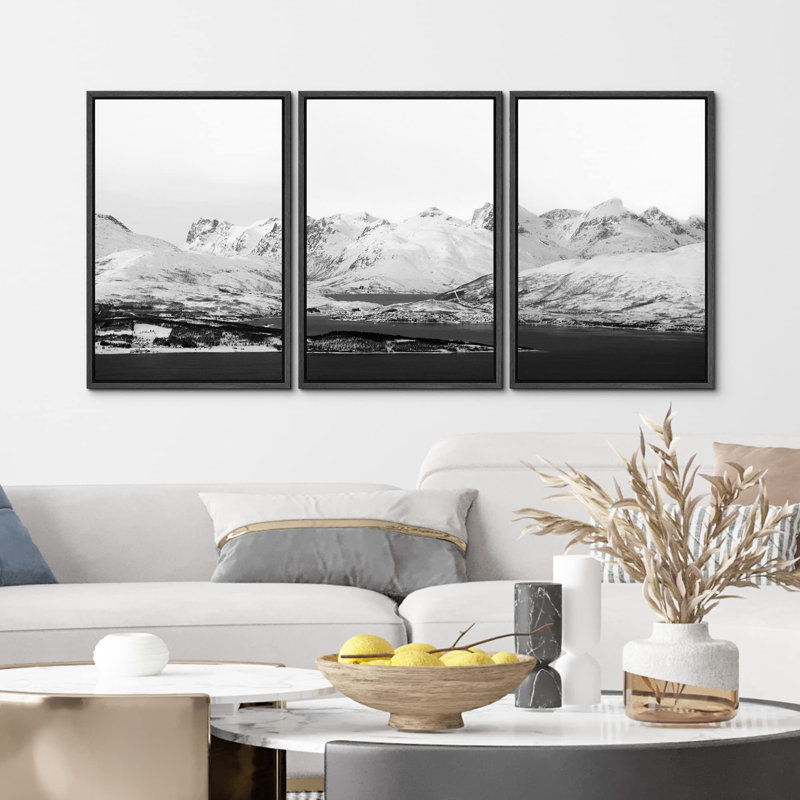 «Snowy Black & White Mountain Range Valley Nature Photographie Modern Art Scenic Chic Living Room» 3 pièces, Noir