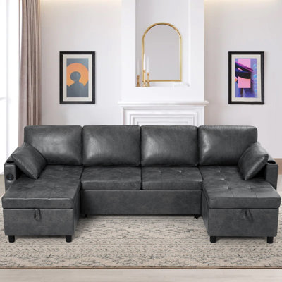 108" U-Shape Sectional Sleeper Sofa Bed With Adjustable Backrest,Pull-Out Reversible Couch With Storage Chaises, Suede Leather Convertible Sofa With USB Charging Port For Living Room, House