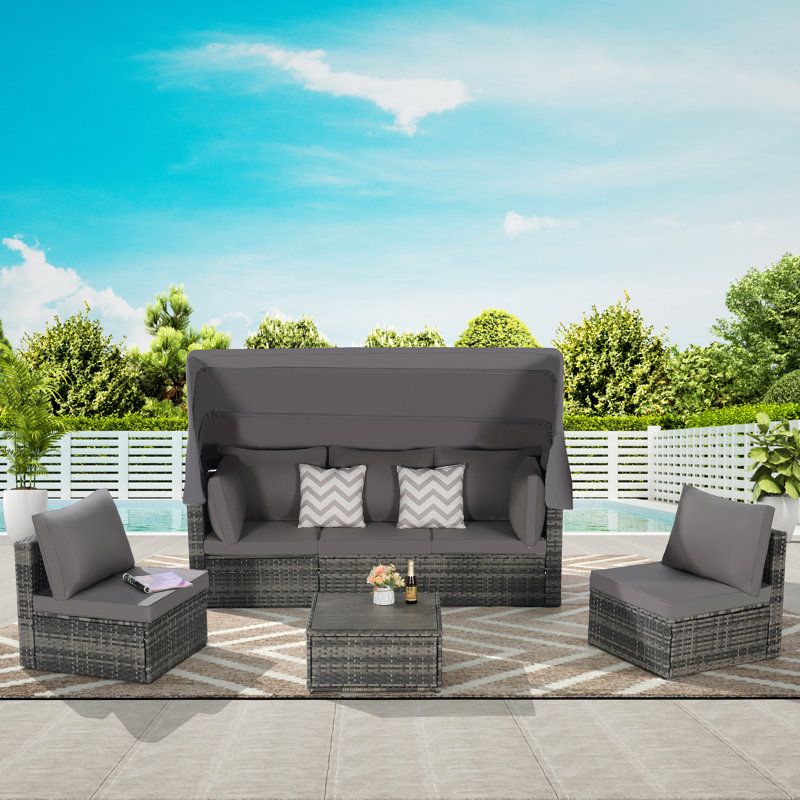 de jour en osier pour terrasse avec auvent rétractable, table d'appoint et coussins moelleux pour la détente dans la cour ou le porche