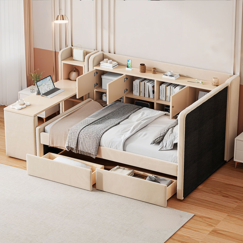 Lit de jour simple tapissier avec tiroirs, tablettes, armoires rabattables et table d'appoint, Beige