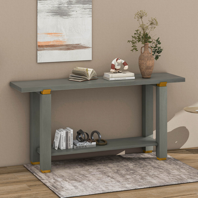 Console de 62,9 po avec console minimaliste moderne, canapé d'entrée en bois de pin massif avec détails en métal, tablette de rangement ouverte