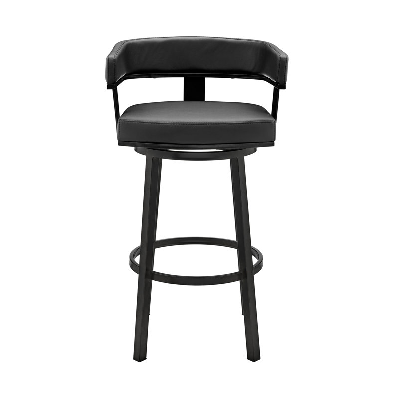 Kellum Swivel Counter and Bar Height Barstool with Arms in Faux Leather Upholstery and Metal Legs, Black, Black