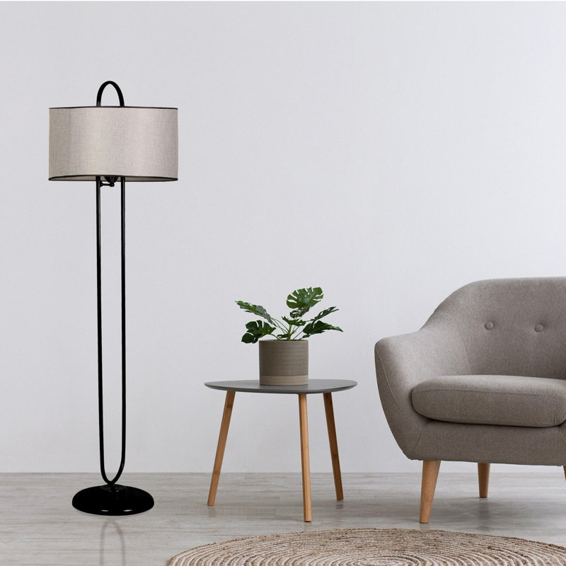 Luro Stylish Metal Floor Lamp with Fabric Shade, Black & Grey, 59.1 in Total Height | E27 Socket (Max 60W) | On/Off Switch on Cable | Perfect for Living Room, Bedroom, and Office Décor, Modern Design & Functional Lighting