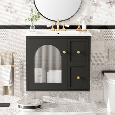 24" Bathroom Vanity Set Wall Mounted, Bathroom Cabinet With Ceramic Sink, 2 Drawers And 1 Soft-Close Door