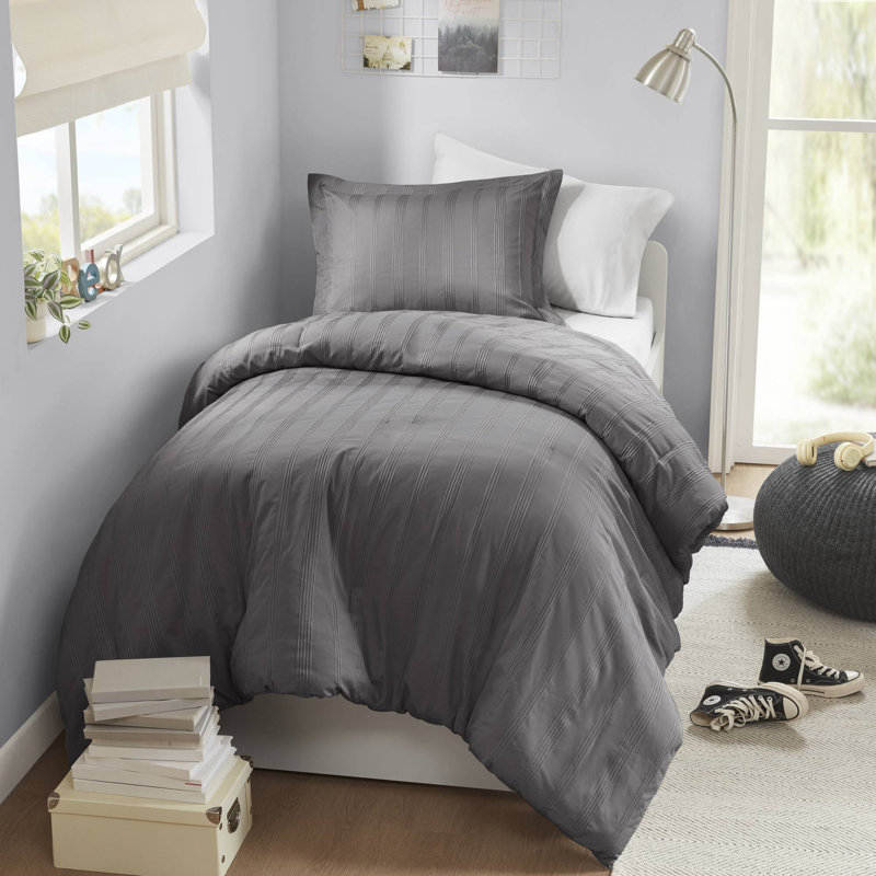 Logan Charcoal Woven Striped Pintuck 2-Piece Twin/Twin XL Duvet Set, Charcoal Striped, Twin Comforter + 1 King Sham