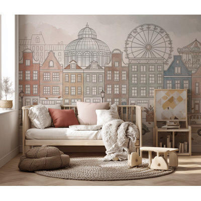 European Cityscape Wallpaper Canal Houses Ferris Wheel Wall Mural
