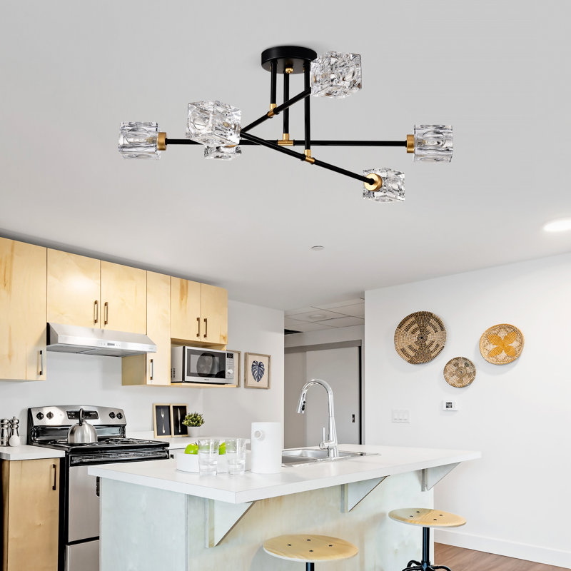 Lustre 6-Light Crystal Flush Mount Chandelier with Polished Metal and Transparent Crystal Shades