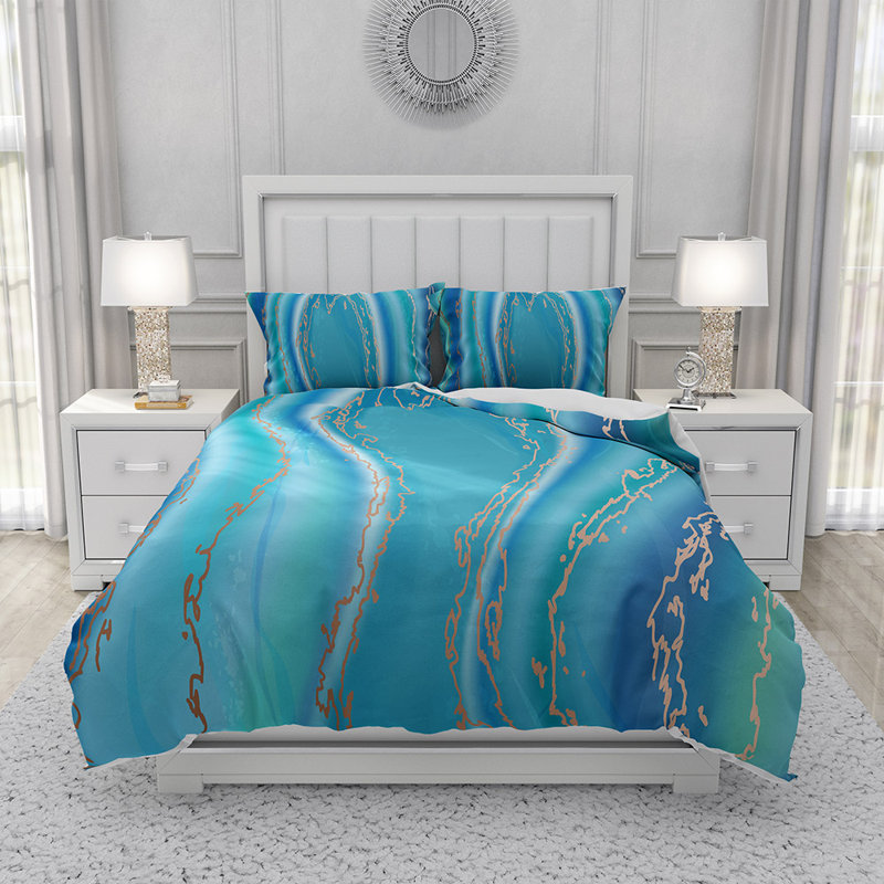  Ensemble de housse de couette en microfibre bleu et blanc 3 pièces, Housse de couette simple et deux taies décorative