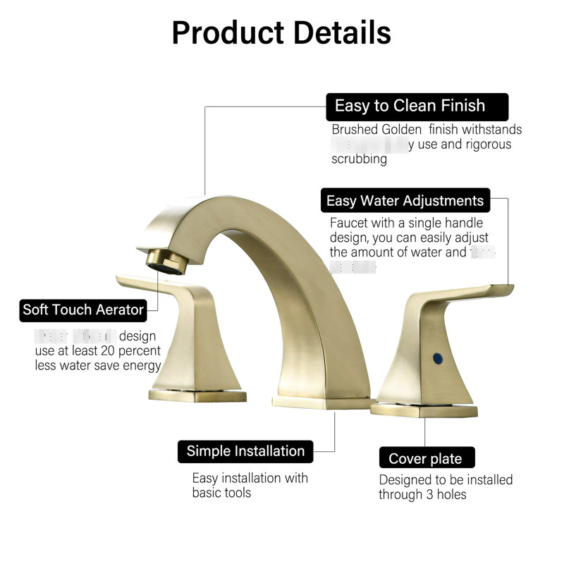 Robinet de salle de bain espacé de 8 po avec 2 poignées en métal, or brossé, bonde escamotable, robinet de construction dorée, construction de qualité supérieure