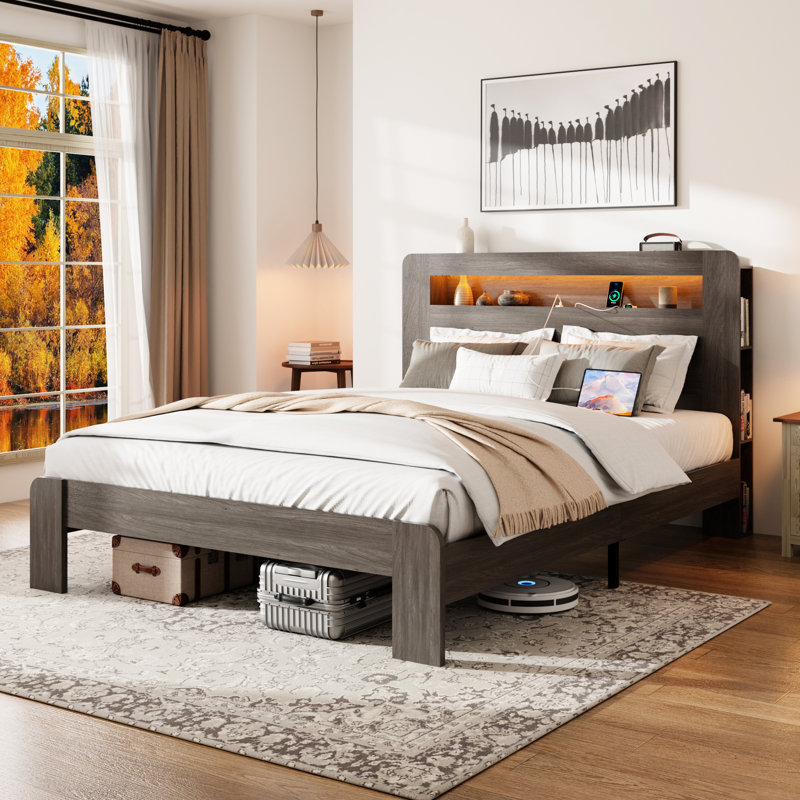 Grand cadre de lit gris foncé, tête de lit à DEL et 2, bruit, bois, sans sommier, facile à installer, cadre en bois de taille grise, espace de rangement avec charge, installation simple
