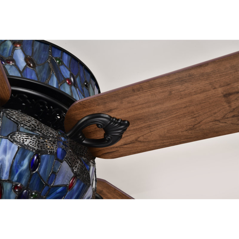 Blue Dragonfly 5-blade Lighted Ceiling Fan 2-tier Tiffany Style Glass