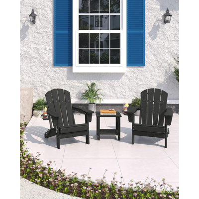 Set of 2 Folding Adirondack Chairs with 1 Side Tables, HDPE Wood-Grain Outdoor Patio Seating with Cup Holders for Decks, Gardens, Fire Pit