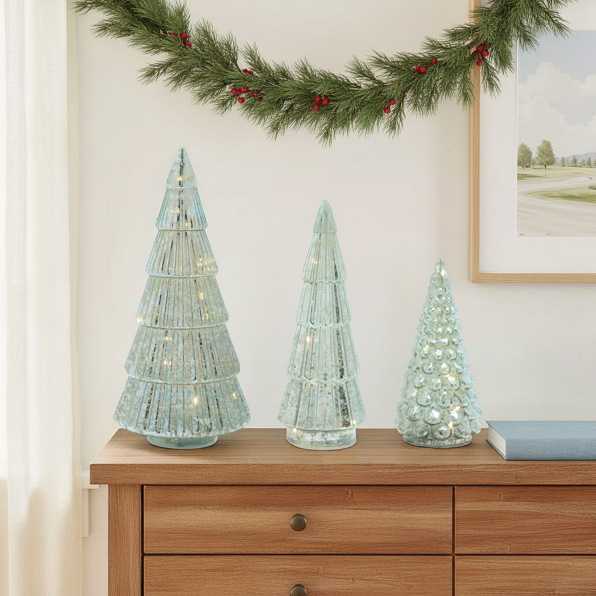 LED Green Mercury Glass Tree (Set of 3)