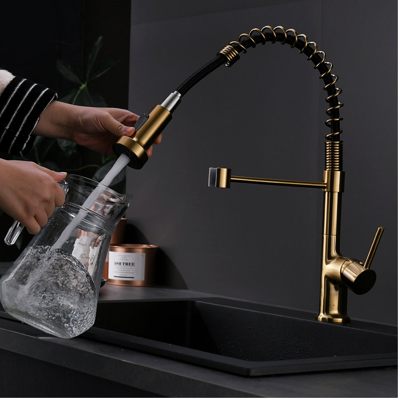 Contemporary Gold Kitchen Faucet With Pull Down Segment, Single Handle Lever, 360 Rotation, High Arch Spout, Ceramic Filler, Brass Commercial Unit,