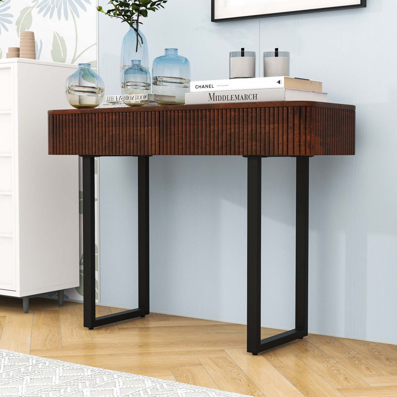 Minimalist Wooden Fluted Design Console Table with Two-Drawer, Metal Legs and Adjustable Feet, Honey