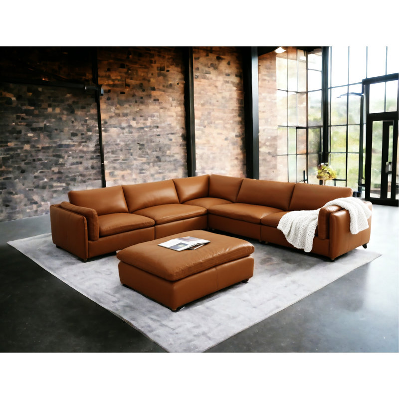 Canapé modulaire en cuir grainé 6 pièces avec 1 repose-pieds Brighton