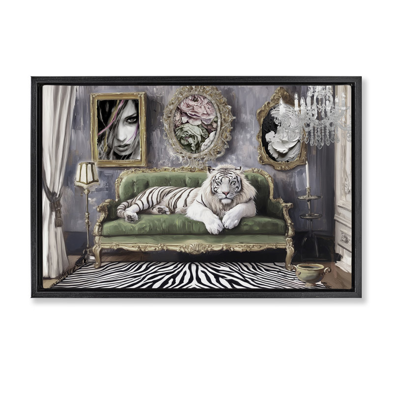 Art mural sur toile flottant encadré doré "Languid Tiger in Opulent Space", conception par Annabelle Hall, H 17 po x l 25 po