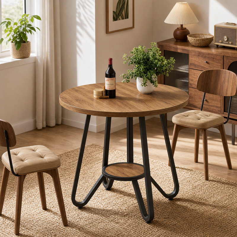 Petite table de salle à manger ronde avec tablette ouverte, en bois et métal, brun