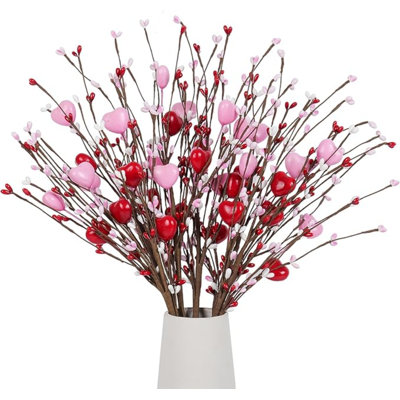 Red Heart Berry Picks Decor Gifts 6Pcs Artificial Flower Stems with Pink Red Heart Berries Pick for Valentines Mother's Days Wedding Anniversary Floral Bouquet Christmas Table Decorations