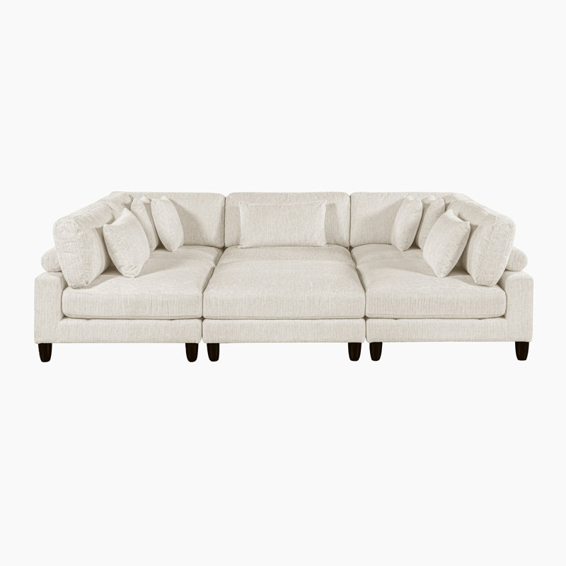  Loowit 120" Modern & Contemporary Corduroy 6-Piece Modular Sectional with Ottoman & 7 Matching Pillows, Beige Microfiber