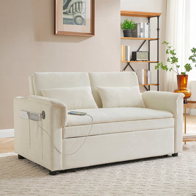 Canapé-lit coulissant en velours à deux places, dossier réglable, ports USB, poches latérales, canapé-lit convertible 3 en 1 pour les salons modernes