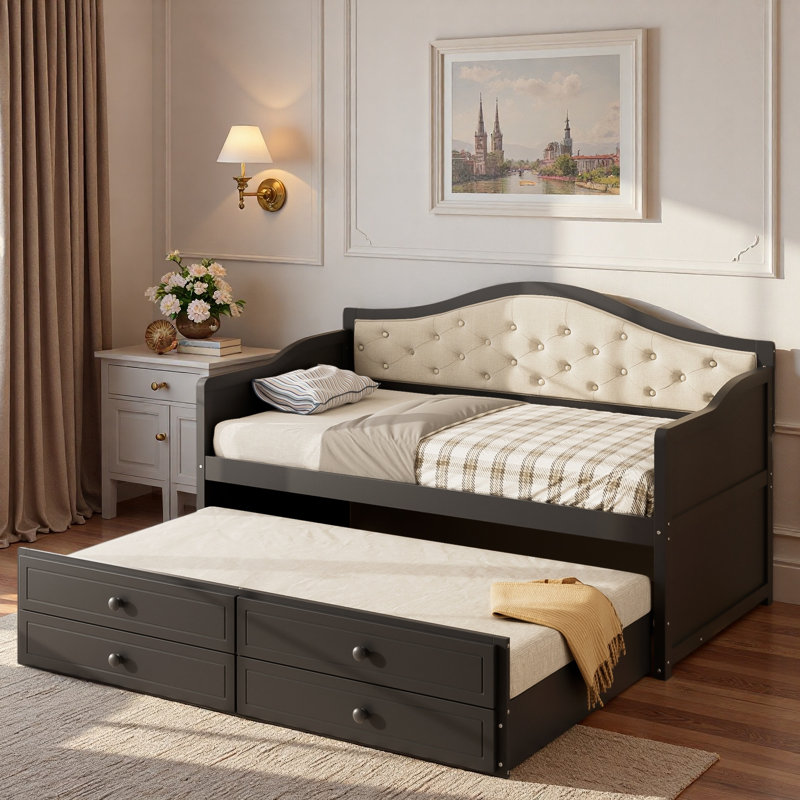 Wooden Daybed With Trundle, 2 Storage Drawers And Upholstered Button Tufted Backrest, Black
