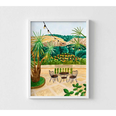 Vue de patio luxuriant - impression de patio aquarelle vibrante | Œuvre encadrée de jardin