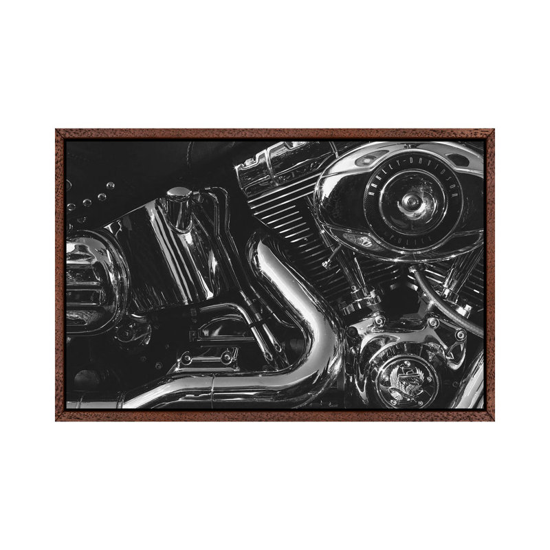 Harley Engine - Print on Canvas, 66.04 cm H x 45.72 cm W, Classic Brown Wood Framed