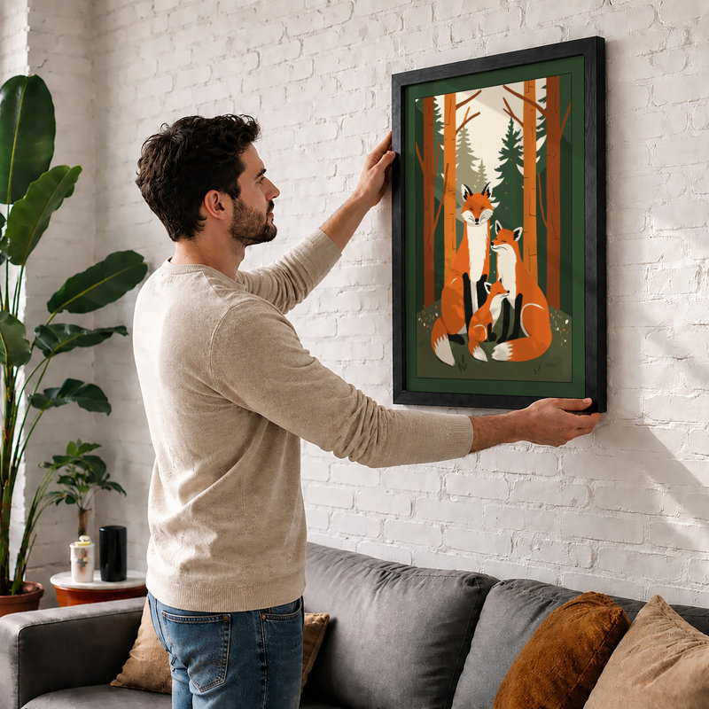 Fox and Kit in Winter Woods Mid-Century - Framed Print, A3 - 42.0 x 29.7 cm, Black