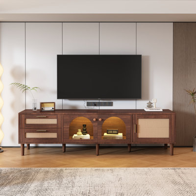Rattan TV Stand With 3 Cabinets & 2 Drawers, Rattan-Inspired Media Console Table For Tvs Up To 80
