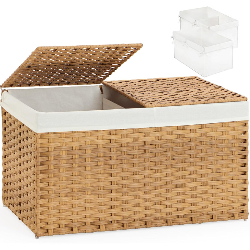 Panier de rangement avec couvercle, en rotin tressé, 2 couvercles séparés, 65 L (17,2 gallons), pliable, 2 sacs de rangement amovibles, poignées, naturel