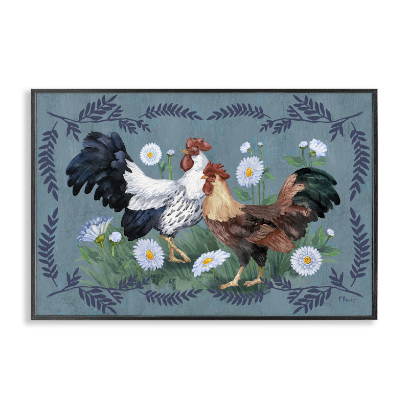 Coqs avec fougère, estampe numérique encadrée par Paul Brent, Giclée encadrée noir minuit, H 12 po x l 18 po