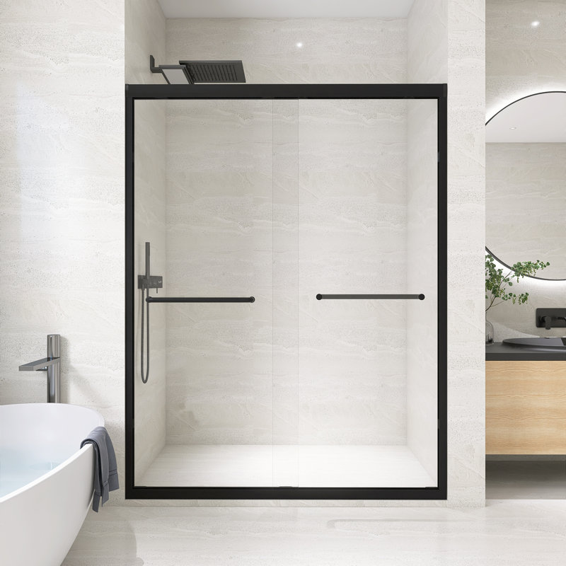56" To 60" X 72" Aluminum Framed Double Sliding Shower Door, With 1/4" Tempered Glass, With Explosion Proof Film, Stainless Steel Handle