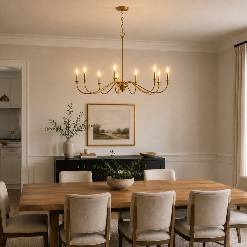 Lustre style campagnard à 8 lumières Annabelle, finition laiton pâle, 42 po de largeur, hauteur réglable, compatible DEL
