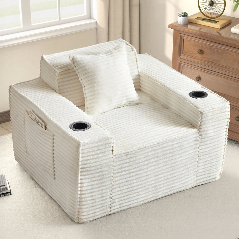 43-inch Compression Accent Chair in a Box – Upholstered Single Sofa with Pillow, Large Bean Bag, White