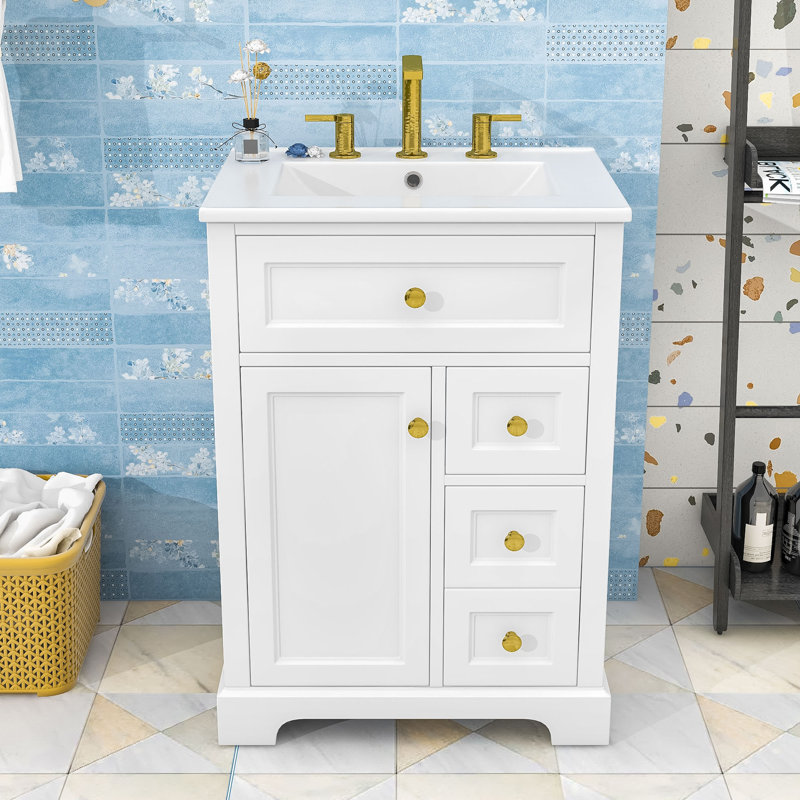 Meuble-lavabo de salle de bain avec lavabo en céramique, rangement de porte à 2 niveaux et 3 tiroirs à fermeture en douceur