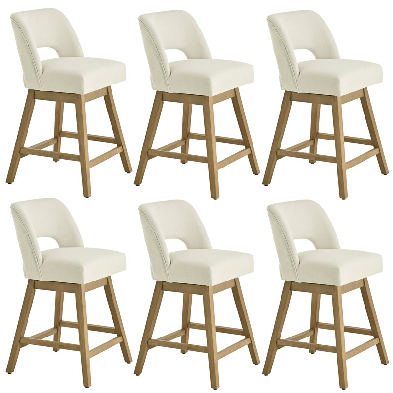 Ensemble de 6 tabourets de bar pivotants 27,1 po, assise rembourrée en polyester sur structure en bois massif, 6, Chêne clair
