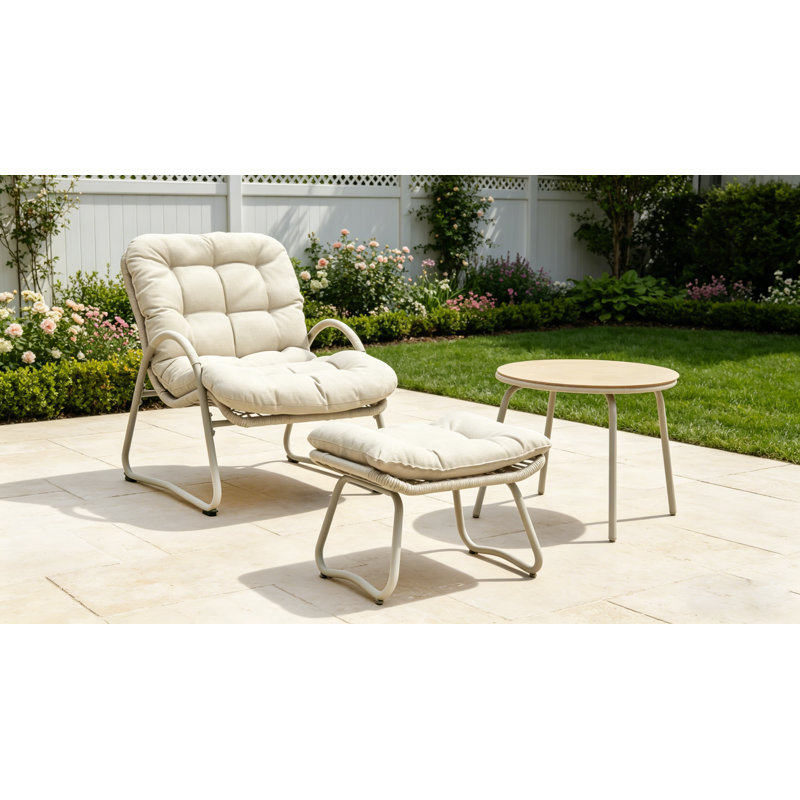 Chaise longue de patio en corde tissée 3 pièces avec repose-pieds et table d'appoint