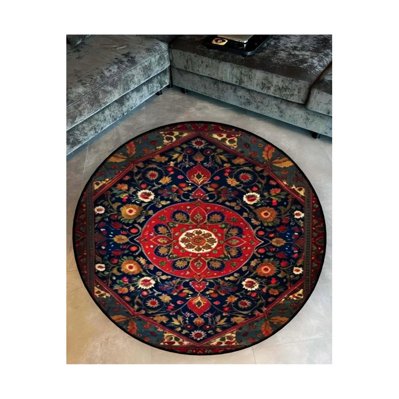 Navy Blue And Burdy Themed Traditional Patterned Round Woven Base Vintage Decorative Carpet, Round 2'8"