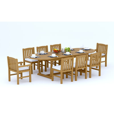 8 Seats 9 Pcs Grade-A Teak Wood Dining Set: 118" Double Extension Mas Oval Trestle Leg Table And 8 Devon Chairs (2 Arm & 6 Armless Chairs) #11DV2702