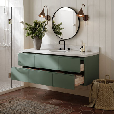   Ensemble de meuble-lavabo mural ovale simple 61 po avec comptoir à quartz blanc de 1,5 po Ensembles