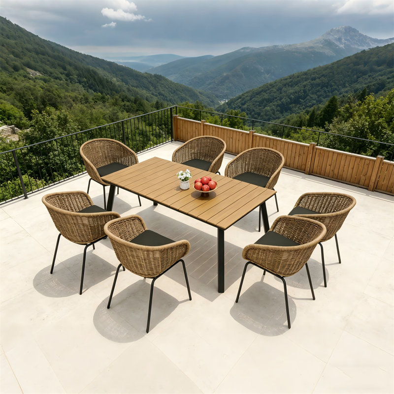 Ensemble de salle à manger 7 pièces en rotin avec cadre en fer | Mobilier de patio tissé toutes saisons pour 6 personnes