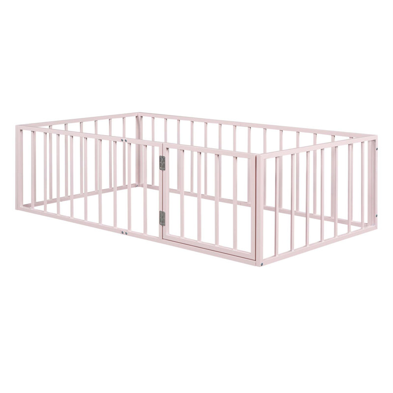 Metal Floor Bed Frame With Fence And Door, Twin, Pink