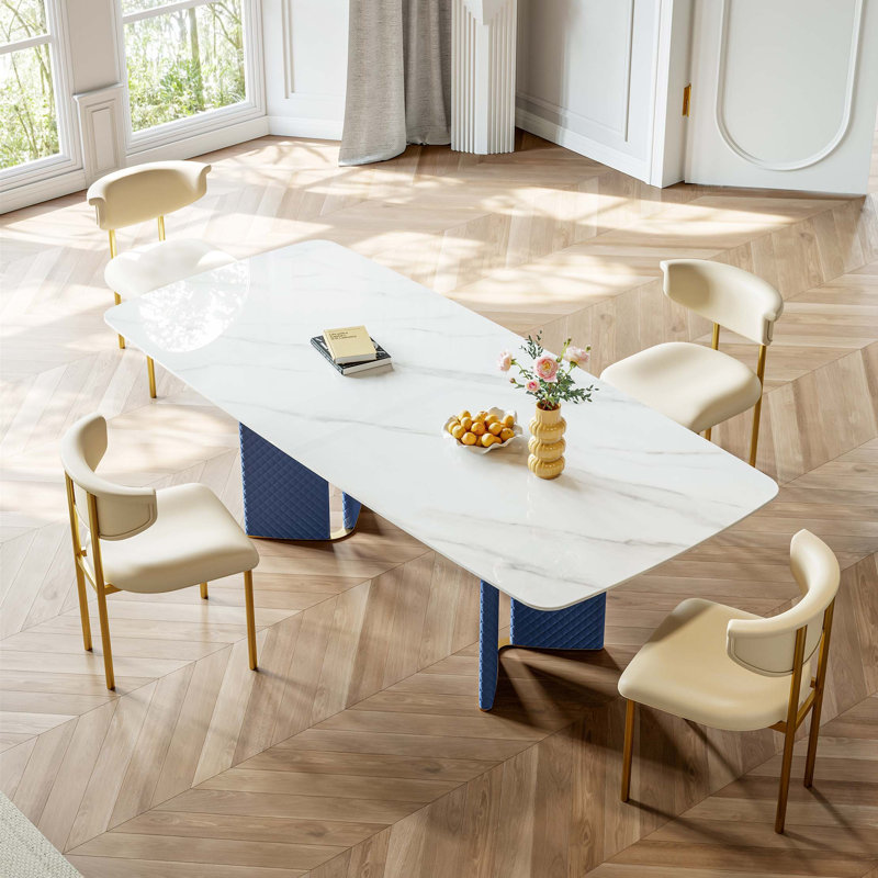 Table de salle à manger en acier inoxydable avec plaque de roche et cuir tissé