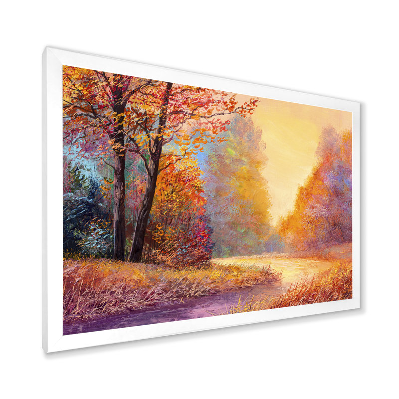 Sentier dans la forêt d'automne, paysage de feuilles orange - reproduction de maison de lac, H 30 po x l 40 po x 1,5 po