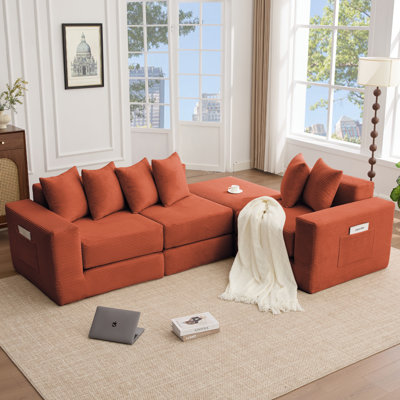 10-In-1 Convertible Sofa Sectional ,Corner Couch , Convertible Floor Sleeper Sofa,Corduroy,Side Pocket,No Assembly,DIY,L Shaped  Modular Sofa,6 Pillows,Orange