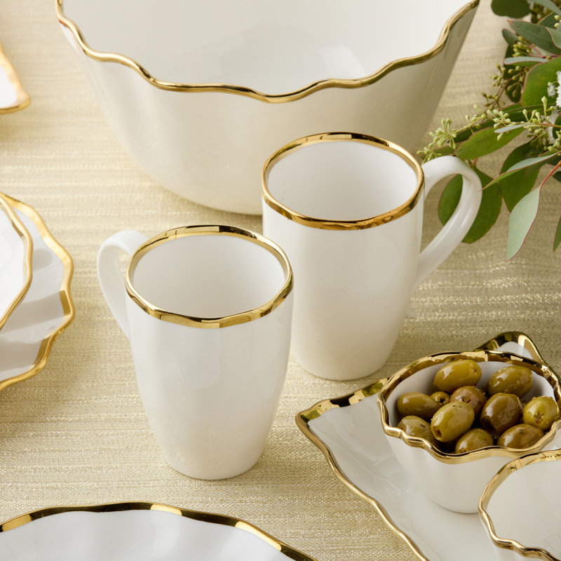 Set of 4 White Ceramic Mugs with Gold Trim, 18oz